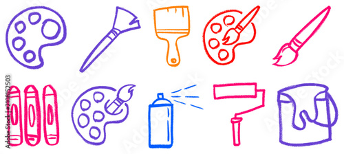 Paint Painting Related Icon Crayon Chalk Drawing Doodle Vector Set