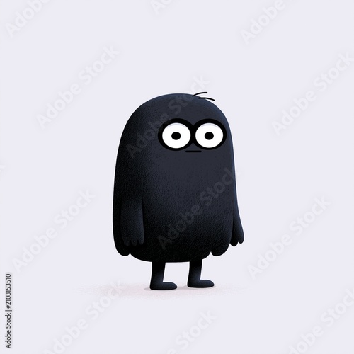 Minimal 3D black fuzzy creature with wide eyes and tiny legs, useful for cute monster, anxiety, uncertainty, imaginary friend and children’s character themes.