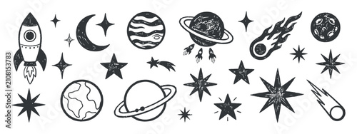 Slika na platnu Space objects and celestial bodies hand drawn vector illustration rocket