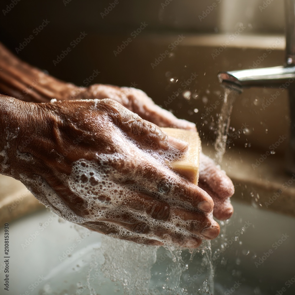 Fototapeta premium Hands lathering with soap under a faucet to promote global handwashing and health awareness