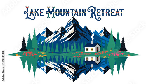 Foto Very beautiful realistic vector illustration of a LAKESIDE COTTAGE & MOUNTAINS f