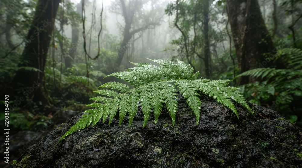 Fototapeta premium A lush green fern leaf covered in water droplets resting on a wet rock in a misty rainforest