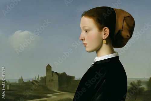 Old master style profile portrait of a young woman in a brown head covering and black dress, set before a quiet rural landscape with a distant stone church.