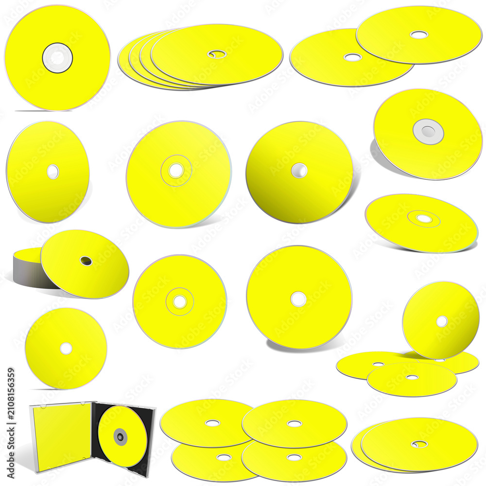 Fototapeta premium Abstract yellow CD disks and boxes on white background.