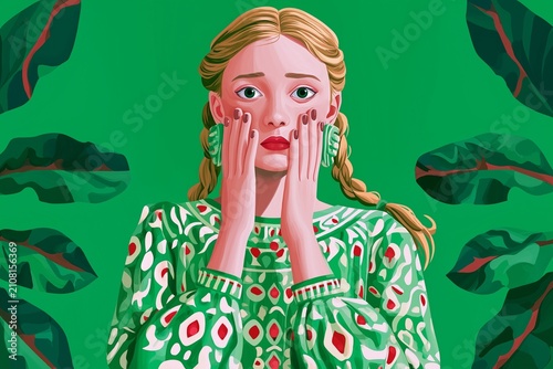 Stylized portrait of a shocked blonde woman in a patterned green dress, surrounded by tropical foliage. Suitable for surprise, anxiety, gossip, or unexpected news themes.