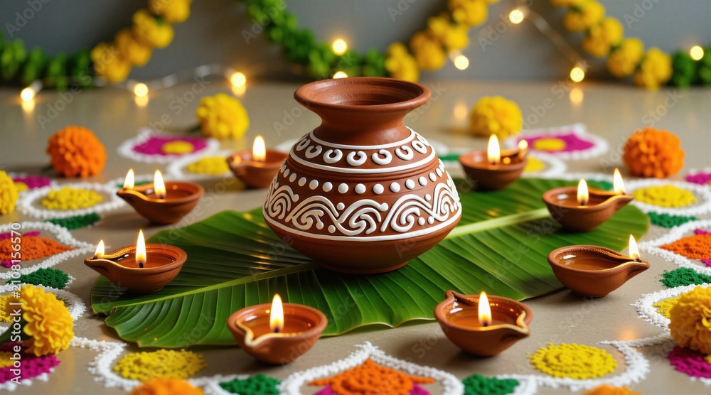 Fototapeta premium Traditional clay pot sits on green banana leaf surrounded by small glowing oil lamps. Festive Pongal celebration setup features bright marigold flowers with colorful rangoli patterns on ground. Warm