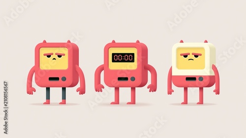 Three pink alarm clock characters stand in a row with smiling faces and a central 00:00 display, suited to time management, wake-up reminders, scheduling and sleep themes.