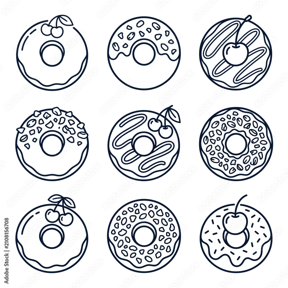 Obraz premium Set of nine delicious donuts with cherry and sprinkles illustrations.