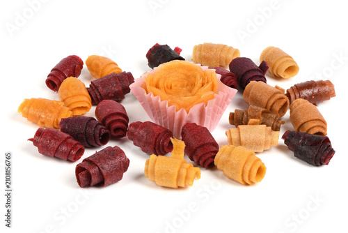 Assorted Colorful Fruit Leather Rolls and Pastila Rose Isolated