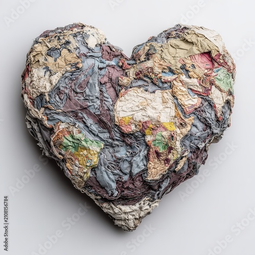 Heart Shaped Earth Globe Crafted from Crumpled Recycled Paper and Mixed Materials Symbolizing Environmental Awareness, Recycling, and Climate Action Isolated on White Background