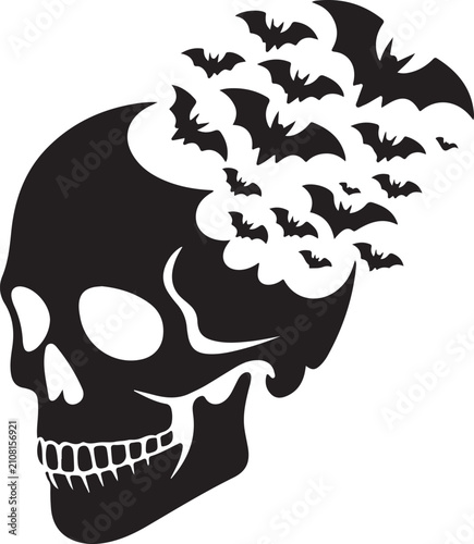 Fotografija Bat swarm forming skull, black silhouette vector on transparent background, skul