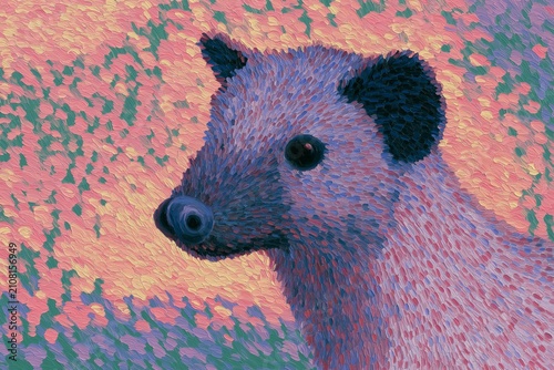 Painterly side portrait of a small long-snouted mammal surrounded by dense pink and teal marks. Useful for children’s publishing, wildlife themes, and decorative editorial work.