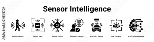 Sensor Intelligence web banner icon vector illustration concept for technology  with icon of Motion Sensor, Sensor Data, Sensor Fusion, Biometric Sensor, Proximity Sensor, Eye Tracking, Artificial.