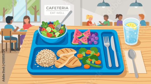 Healthy school cafeteria lunch tray with grilled chicken rice vegetables and fresh fruit.