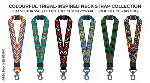Tableau sur toile Set of colorful tribal inspired neck straps with detachable clips and flat vector designs