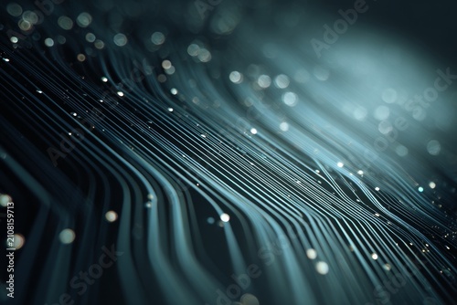 Abstract composition showing lines and bokeh lights. Ideal for backgrounds about technology, connections, flow, data, artificial intelligence, science, future, business, networks. Dark and moody.
