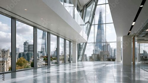 Modern office, city skyline, glass window, empty interior, high floor, urban view with bright daylight and reflective floor