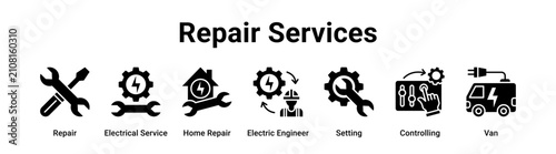 Repair Services web banner icon vector illustration concept for technology with icon of Repair, Electrical Service, Home Repair, Electric Engineer, Setting.