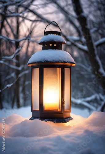 Warm glowing lantern in dee...