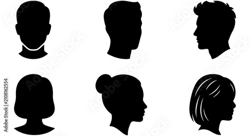 Quadro su tela Diverse Human Head Silhouettes, Male and Female Profiles, Set of 6 Black Vector