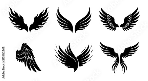 Canvastavla Six Black Wing Icons, Angelic Feathered and Fiery Styles, Vector Graphics for Em