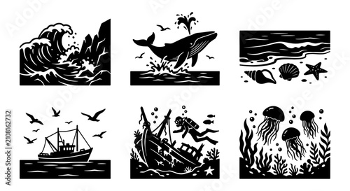 Photos Oceanic Wildlife & Nautical Scenes Vector Set: Whales, Ships, Jellyfish, Waves,