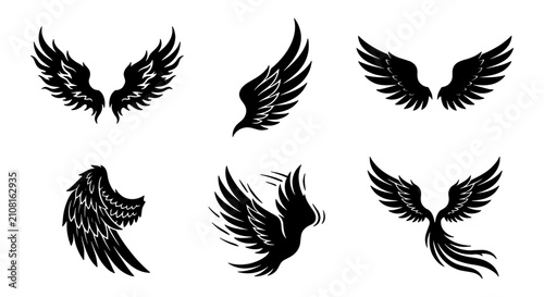 Konstfotografi Set of Six Black Angel Wings Vector Illustrations, Gothic and Fantasy Wing Desig