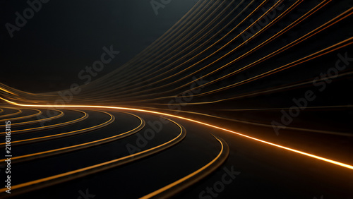 Futuristic golden light trails in dark abstract space.