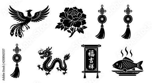 Chinese Zodiac Dragon, Phoenix, Peony Flower, and Lucky Charms Vector Icons Set: Traditional Asian Cultural Symbols for Festive Designs