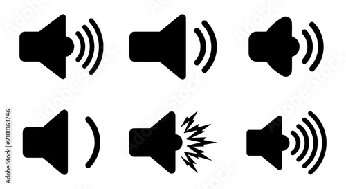 Quadro su tela Set of 6 Black Speaker Icons, Volume Control Symbols, Audio Level Indicators, So
