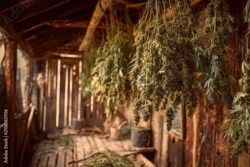 Hemp drying scene: branches with buds hanging to dry in a rustic farm barn