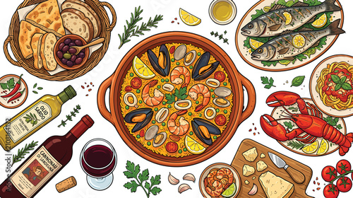 Top view illustration of Mediterranean seafood paella feast with wine bread fish lobster and fresh ingredients on white background