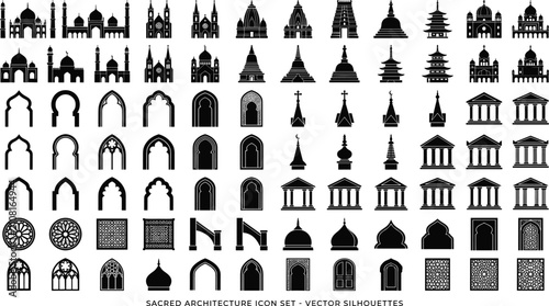 Foto Set of black silhouettes of world religious buildings, sacred architecture, temp