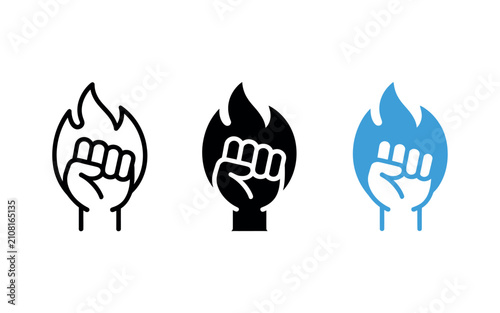 Bild auf Leinwand Raised protest fist burning inside flame silhouette set for political activism design