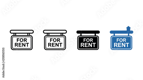 Real estate for rent signboard icons featuring various hanging styles and directions. Vector illustration