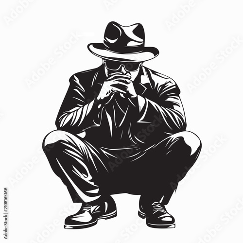 Tough Mafia Mobster Squatting Pose Vector Illustration On White Background