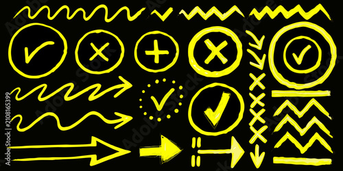 Obraz na plátně Hand Sketched Yellow Symbols And Arrows On Black Background