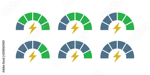 Six semicircular gauges with yellow lightning bolts and colored segments meter dial speed power