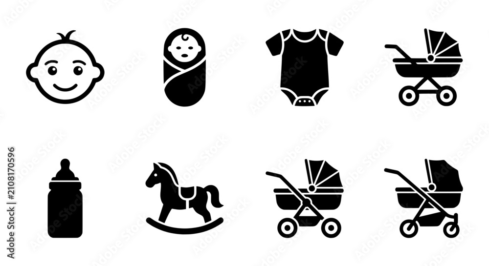 Fototapeta premium Baby Icons Set, Newborn Essentials Collection, Stroller, Bodysuit, Bottle, Rocking Horse, Vector Graphics