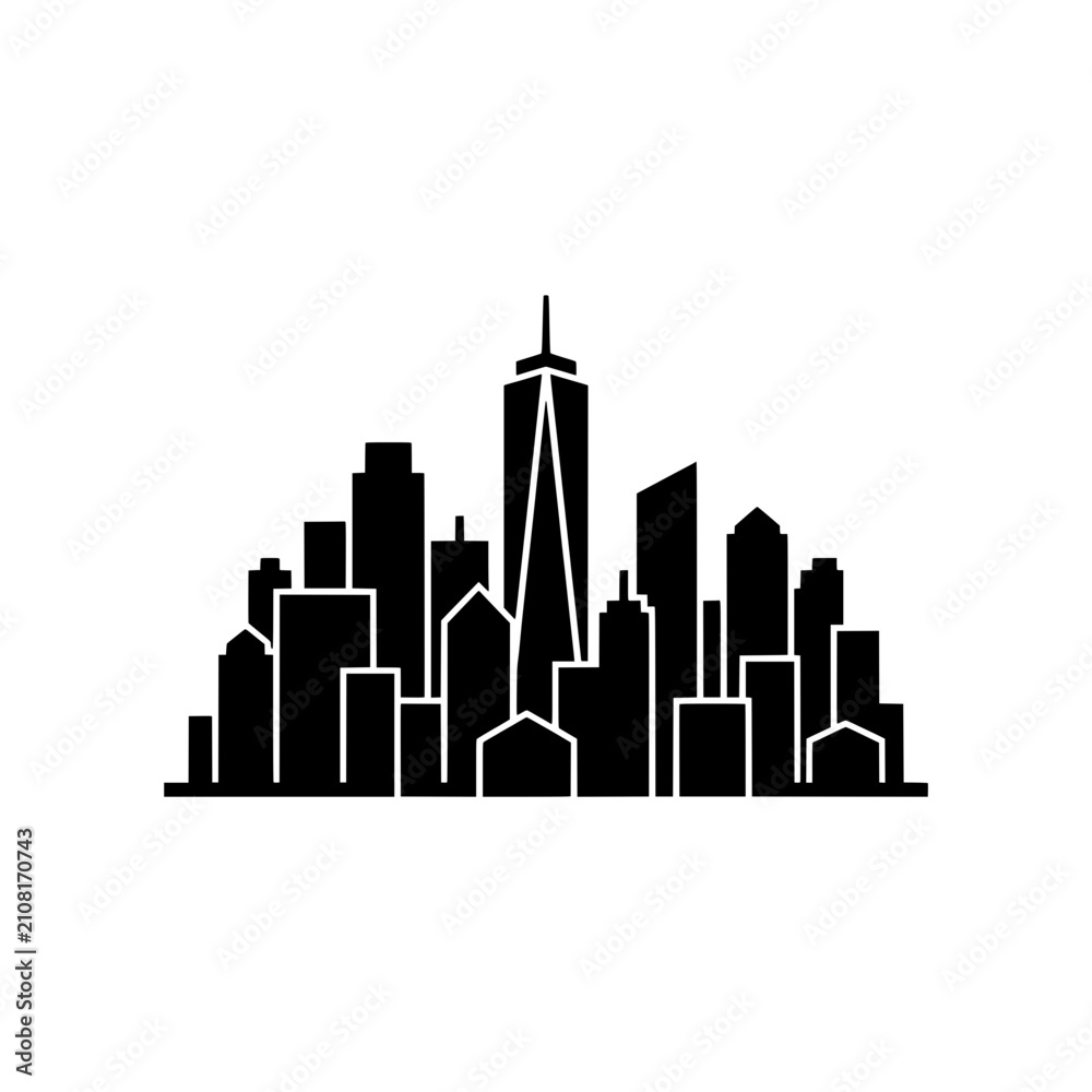 Fototapeta premium City skyline skyscraper tower urban downtown solid black silhouette vector icon