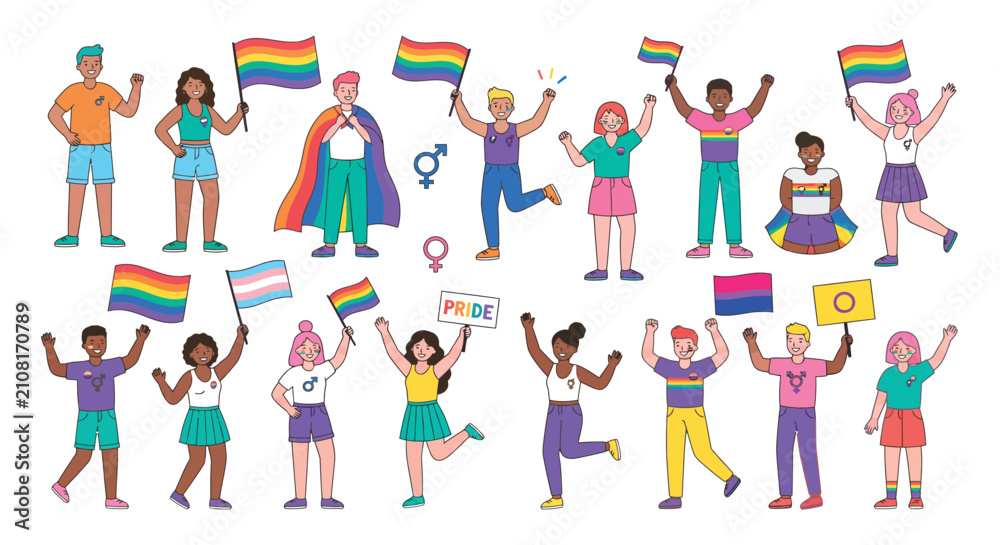 Fototapeta premium Diverse People With Pride Flags A Colorful Vector Illustration