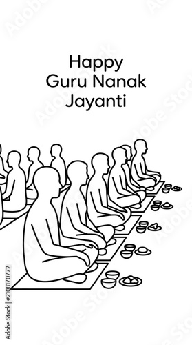 Line art illustration of people sitting in a row for a communal meal during Guru Nanak Jayanti.
