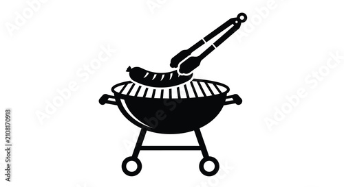 Barbecue Grill With Sausage And Tongs Black Silhouette Design