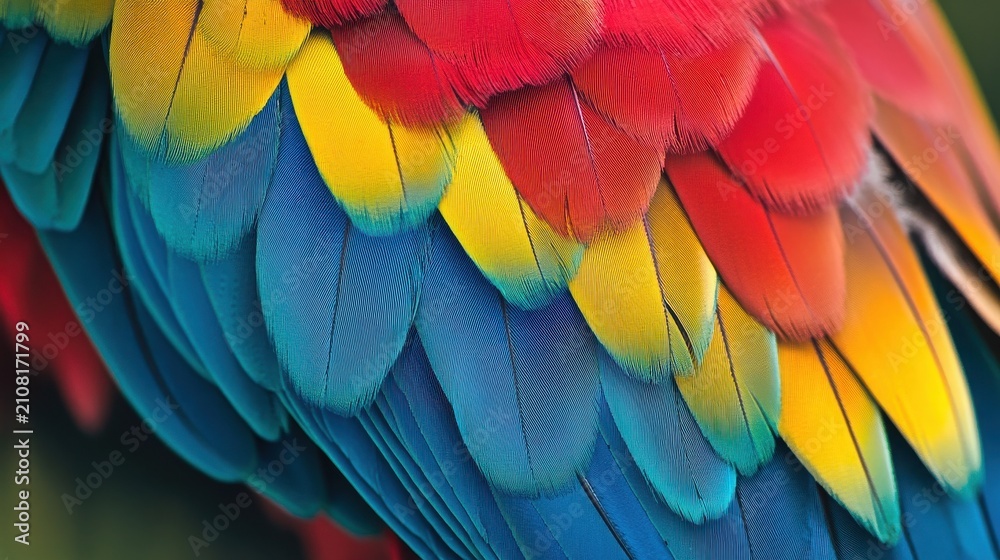 Obraz premium Macaw feathers display a vibrant gradient of red, yellow, and blue colors in a close-up texture pattern.