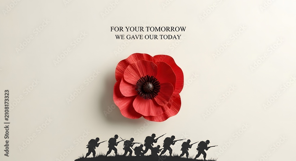 Fototapeta premium Remembrance Day poppy with soldiers silhouette.