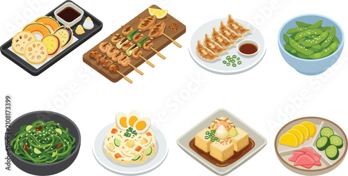 Japanese Side Dishes and Appetizers Isometric Vector Food Set with Yakitori Gyoza Edamame and Tofu