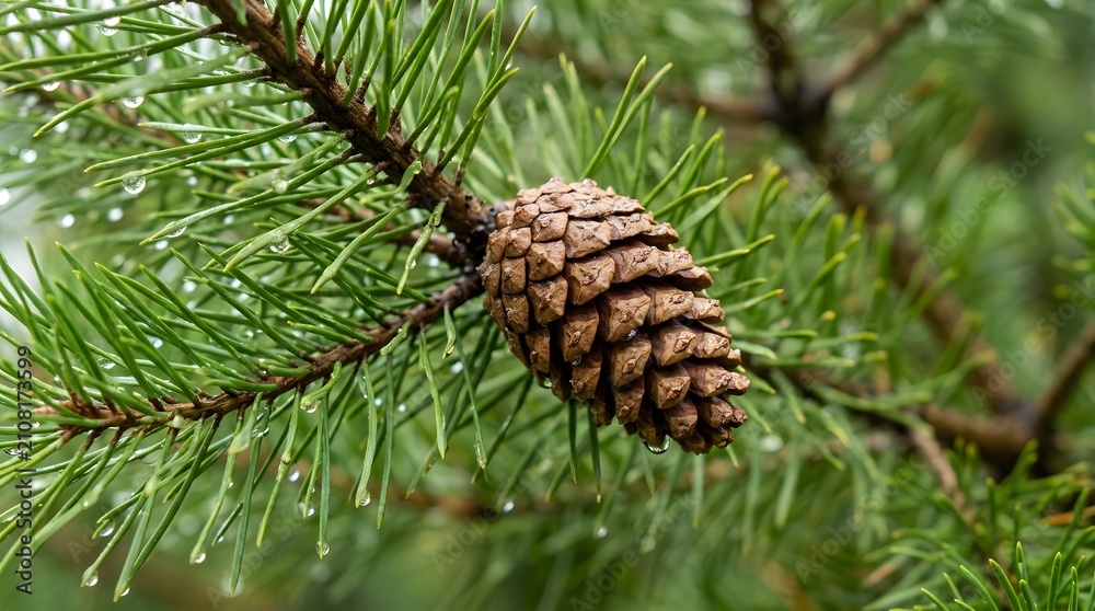 Fototapeta premium Close up of a pine cone hanging on a green pine tree branch