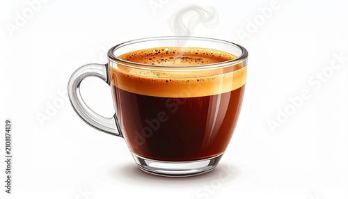Freshly Brewed Hot Espresso Coffee in a Transparent Glass Cup with Steam Rising