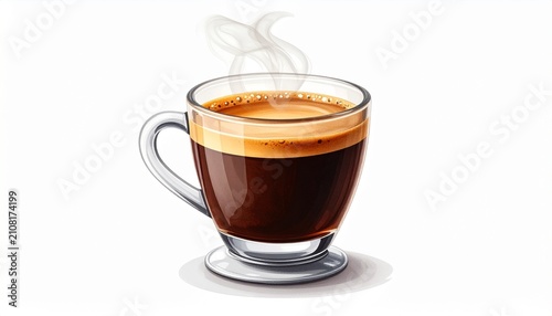 Steaming Glass Cup Filled With Freshly Brewed Aromatic Espresso Coffee Isolated on White Background
