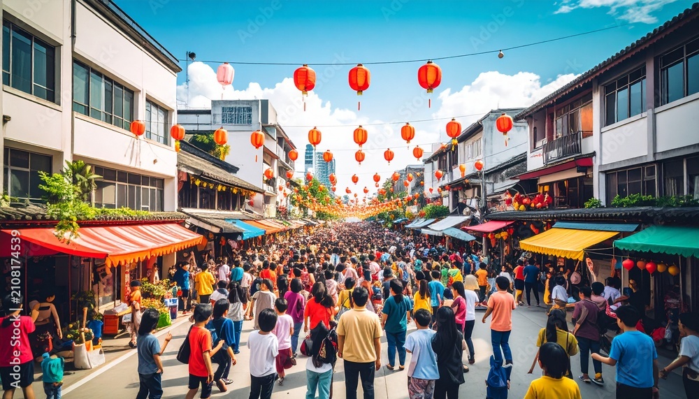 Obraz premium Vibrant outdoor festival with crowd and lanterns celebration.